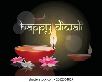 Celebratory poster with glowing oil lamps next to the sacred lotus flowers on a dark background with rangoli and the inscription Happy Diwali. Vector illustration for Indian Festival of Lights. 
