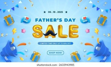 Celebratory promotional banner for Fathers Day sale featuring gifts, bright decorations. Included festive elements evoke excitement, happiness, and appreciation.