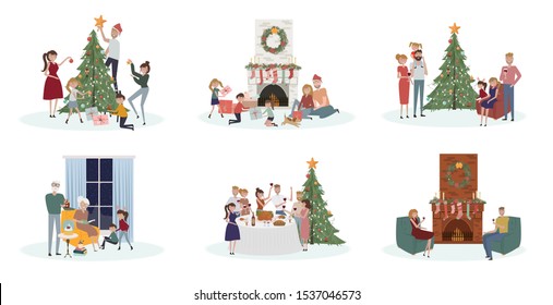 Celebratory scenes with people of different ages preparing for the holiday, decorate the Christmas tree, sit by the fireplace, gala dinner, give and unpack gifts.