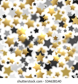 Celebratory seamless background of randomly distributed stars of various sizes and colors. Trendy colors, hit this season Mixing elements of clear and blurred. Gold gray stars on white. Vector 