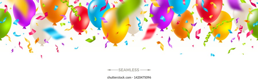 Celebratory seamless banner - multicolored balloons and  confetti. Vector festive illustration. Holiday design.