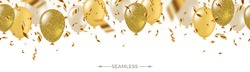 Celebratory Seamless Banner - White, Yellow, Glitter Gold Balloons And Golden Foil Confetti. Vector Festive Illustration. Holiday Design.
