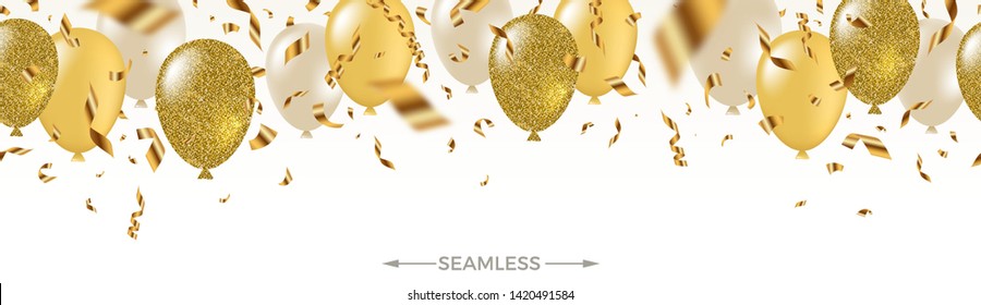 Celebratory seamless banner - white, yellow, glitter gold balloons and golden foil confetti. Vector festive illustration. Holiday design.