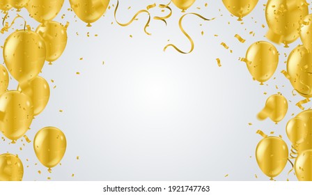 Celebratory seamless banner - white, yellow, glitter gold balloons and golden foil confetti. Vector festive illustration. Holiday design.