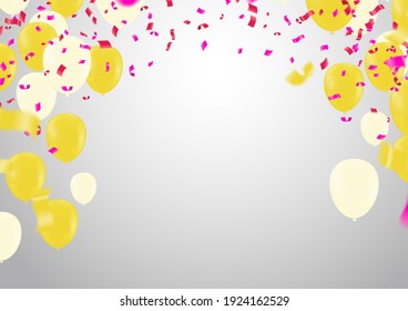 Celebratory seamless banner - white, yellow, glitter gold balloons and golden foil confetti. Vector festive illustration. Holiday design.