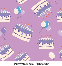 Celebratory seamless pattern with balloons. Cartoon colorful birthday cake seamless vector pattern illustration