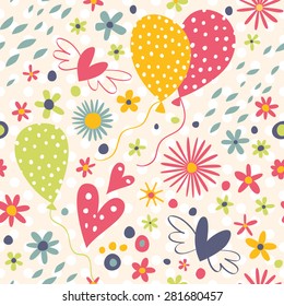 Celebratory seamless pattern with balloons, confetti, hearts.