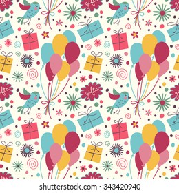 Celebratory seamless pattern with birds, gifts, balloons, confetti, flowers.