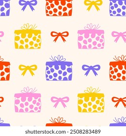Celebratory Seamless Pattern with Colorful Gift Boxes and Knots. Cute hand drawn Party and Birthday Background in doodle style. Repeat vector illustration for event