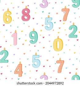 Celebratory seamless pattern with confetti hearts and beads and candles. Vector illustration on a white background for decorating birthdays, wrapping paper