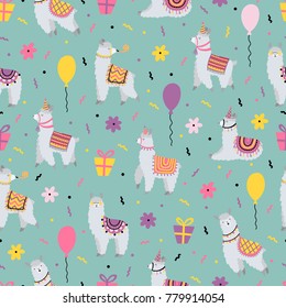 Celebratory seamless pattern with funny lamas. For Birthday.