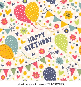 Celebratory seamless pattern with garlands, balloons, confetti, hearts.