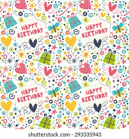 Celebratory seamless pattern with gifts, balloons, confetti, hearts.