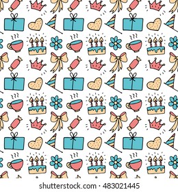 Celebratory seamless pattern with gifts, balloons, confetti, hearts.