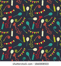 Celebratory seamless pattern with gifts, swirls, confetti, ribbon . Vector background.