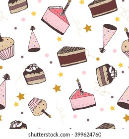 Celebratory seamless pattern with hand drawn cakes. Vector illustration. Decorative texture. Happy Birthday pattern.