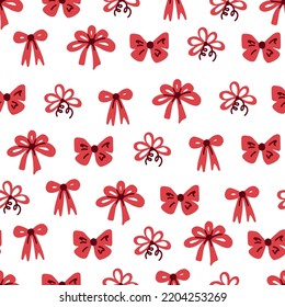 Celebratory seamless pattern with red bows. Festive Xmas seamless vector background with repeat bow variation in traditional Christmas colors for wrapping paper, textile, gift, packaging paper