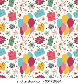 Celebratory seamless pattern with serpentine, balloons, confetti. The concept of a birthday.