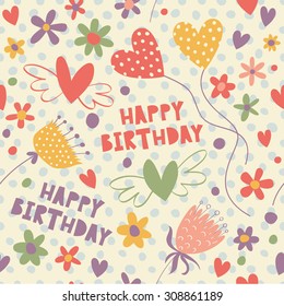 Celebratory seamless pattern with serpentine, flowers, balloons, confetti, hearts. The concept of a birthday.