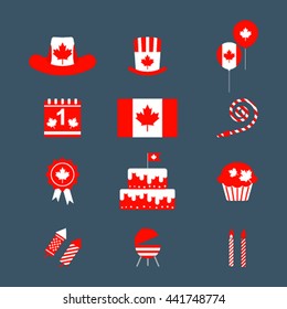 Celebratory set of icons on the day of Canada. Flat vector illustration