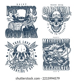 Celebratory set monochrome posters vintage Irish beer for saint Patrick day and carnival masks for Venice festival vector illustration