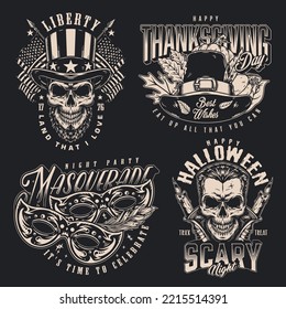 Celebratory set monochrome vintage posters skull in hat with US flag and portrait vampire with happy Halloween wish vector illustration
