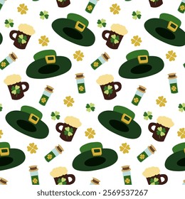 Celebratory symbols of St. Patrick s Day with green hats, beer mugs, and clovers arranged in a fun, flat design