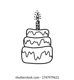 Celebratory three-tier cake on a white background. Black and white vector illustration of a high cake with cream and a burning candle. Doodle isolated illustration of cake for print, greeting cards.