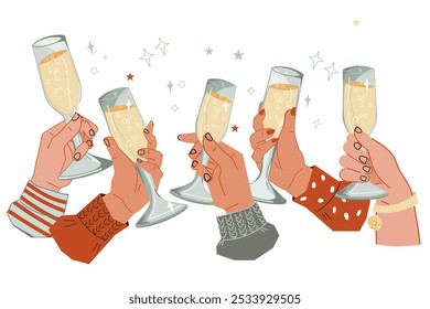 A celebratory toast, feast and celebration of success or a holiday. Hands raising glasses for a toast and clinking glasses, flat vector illustration isolated on white background.