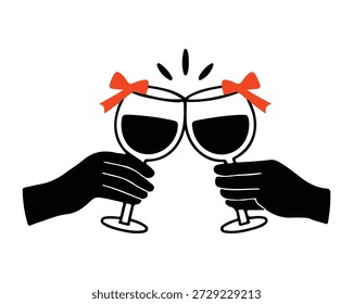 Un brindis de celebración con dos manos tintineando copas de vino adornadas con arcos rojos
