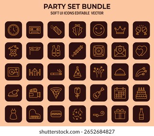 Celebratory UI Vector Icons Set for Events Festivities Occasions and Gatherings Soft User Interface Editable Outlines