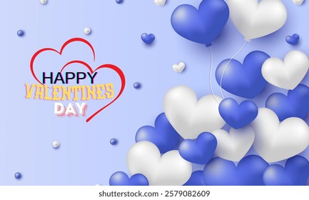 Celebratory Valentine's design featuring a vibrant mix of blue and white heart-shaped balloons and festive text conveying warmth and love in a cheerful arrangemen