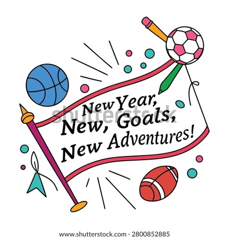 Celebratory vector graphic for new beginnings and aspirations featuring diverse sports balls and educational elements. Ideal for motivational campaigns personal development themes.