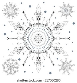Celebratory vector set with 5 snowflakes.
