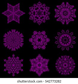 Celebratory vector set with 9 snowflakes.