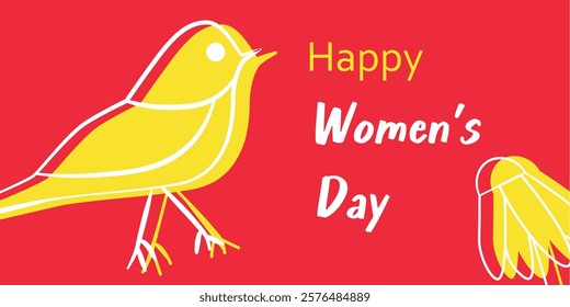 Celebratory Women's Day Greeting Card Featuring Yellow Bird Illustration on Red Background. Bright and cheerful Women's Day card design showing a minimalistic yellow bird on a red backdrop 