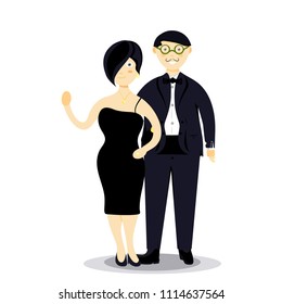 Celebrities couple walking. People marriage, two actor, wedding. Modern flat cartoons style vector illustration icons. Isolated on white background. Man in black suit and woman in black dress. Rich