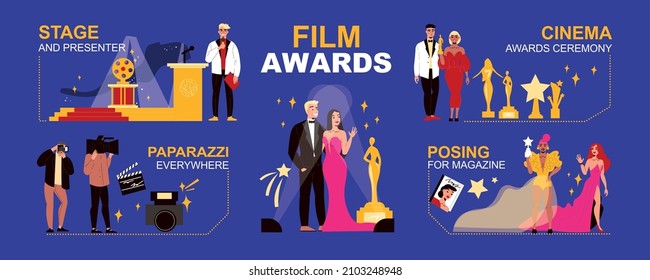 Celebrities infographic set with awards and paparazzi symbols flat vector illustration - Shutterstock ID 2103248948