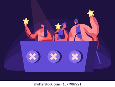 Celebrities Judging Participants during Entertainment on Talent Show or Artists Stage Audition. Judges Voting with Golden Star in Hands. Popular Show of Gifted Artists Cartoon Flat Vector Illustration