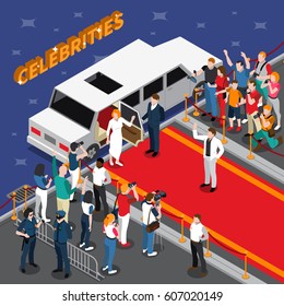 Celebrities on red carpet isometric composition with white limousine guards admirers photographers reporters police 3d vector illustration