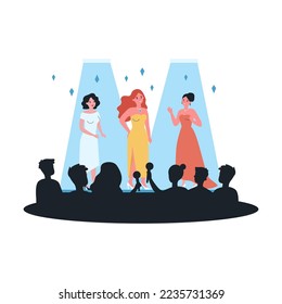Celebrities performing on stage flat vector illustration. Popular women in chic outfits posing in front of crowd of journalists, fans. Concert, fashion show, public event