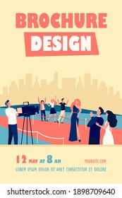 Celebrities posing to paparazzi and walking along red carpet isolated flat vector illustration. Cartoon people greeting famous movie star. Fashion show and entertainment concept