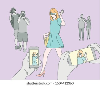 Celebrities are shaking hands and people are filming on their phones. hand drawn style vector design illustrations. 