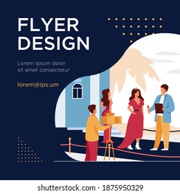 Celebrities walking along red carpet isolated flat vector illustration. Cartoon famous people posing to paparazzi camera. Movie festival and fashion stars show concept
