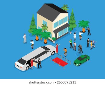 Celebrity Arrival at Luxury Event with Paparazzi and Fans - Red Carpet Glamour 3d flat vector illustrations