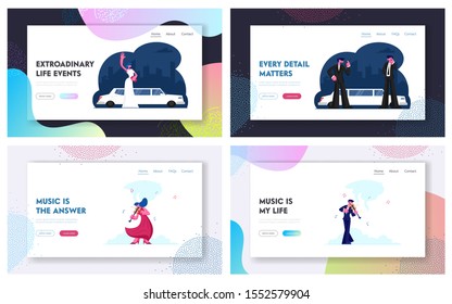 Celebrity Arriving on Gala Show, Violin Players Performing on Stage Website Landing Page Set. Vip Person Award Ceremony, Orchestra Musician on Scene Web Page Banner. Cartoon Flat Vector Illustration