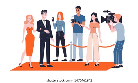 Celebrity couple on the red carpet. Paparazzi standing around. Famous person lifestyle. Young character walking. Isolated flat illustration vector