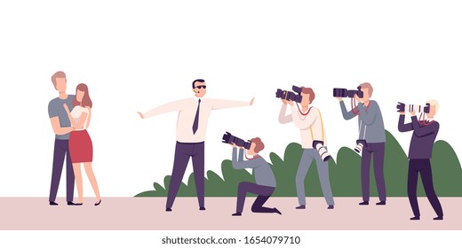 Celebrity Couple Posing to Paparazzi, Photographers with Cameras Photographing at Movie Festival, Premiere, Ceremony Show, Party for Famous People Flat Vector Illustration