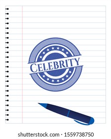 Celebrity emblem drawn with pen. Blue ink. Vector Illustration. Detailed.