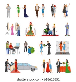 Celebrity flat colored decorative icons with paparazzi photo session stylists banquet  interview elements isolated vector illustration